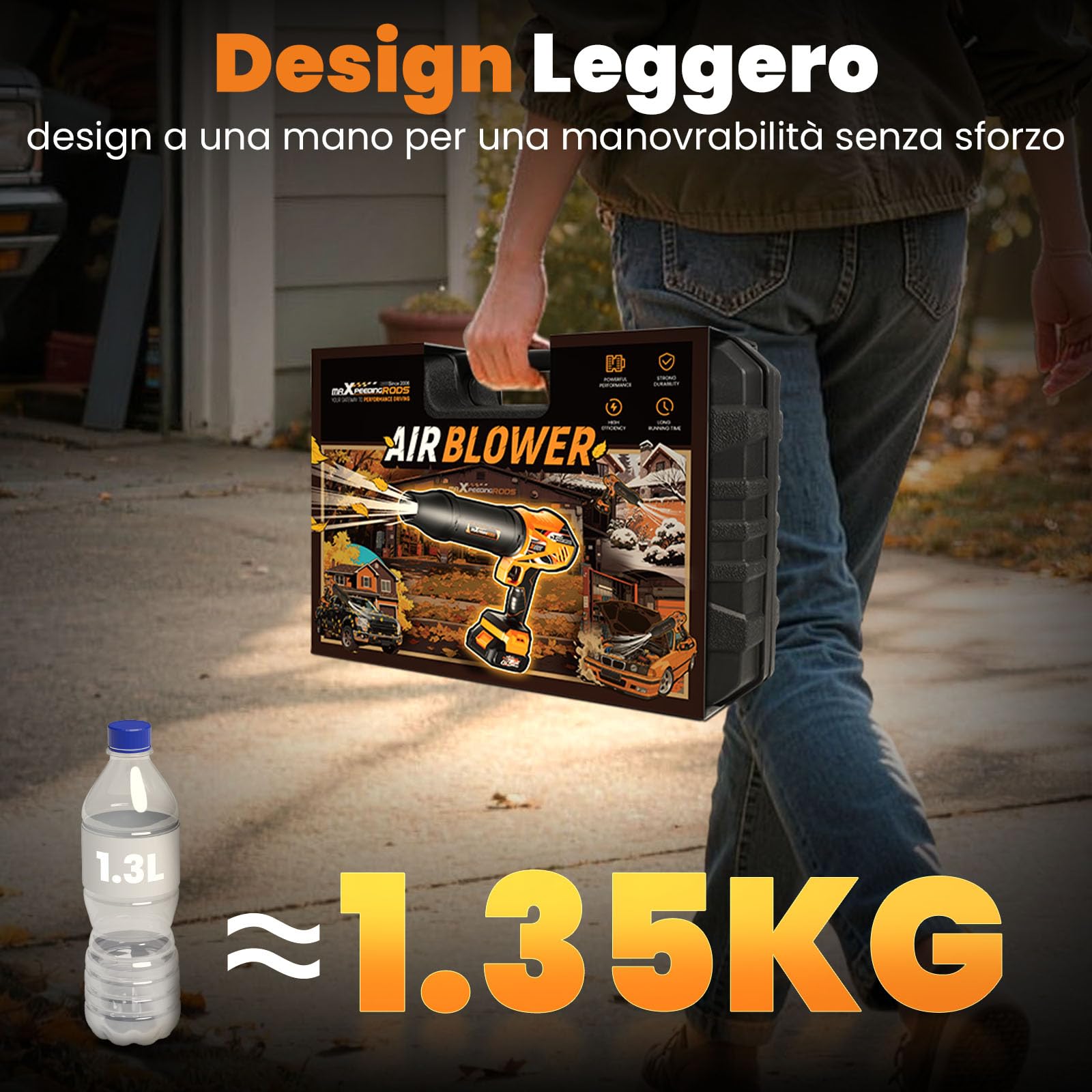 maXpeedingrods Soffiatori per foglie, Turbo Motore brushless con 2 batterie | da 4,0Ah, 193km/h e 934m³/h, 3 ugelli, Soffiatore portatile senza fili per auto, giardino, foglie, polvere e neve