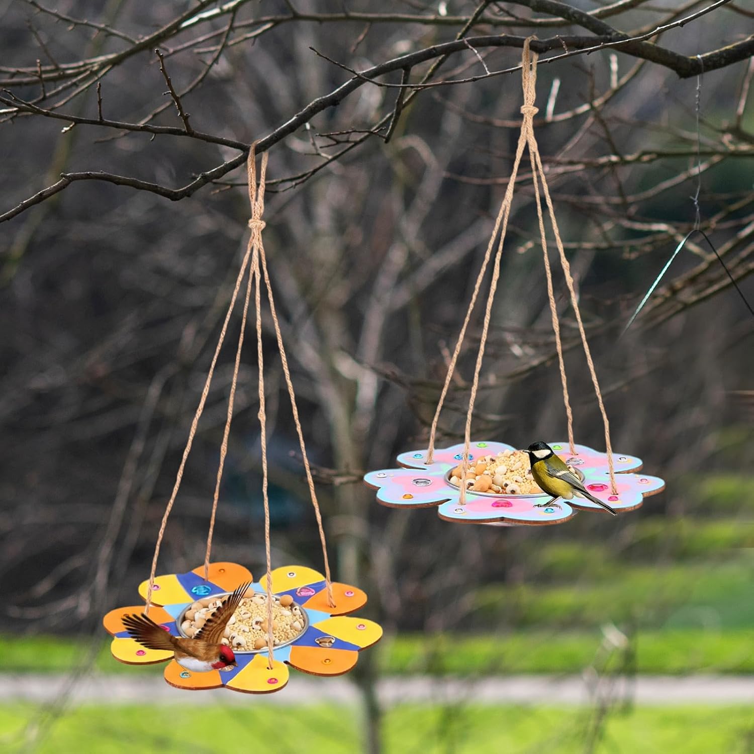 CroBlissful 12 Pack Bird Feeder Craft Kits for Kids DIY Your Own Bird Feeders with Paint and Paintbrushes Wooden Arts and Crafts for Kid Ornaments to Paint Feeders Craft for Garden (Petal Shaped)