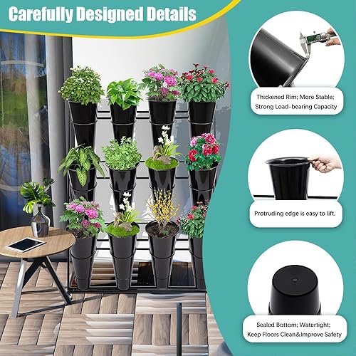 Miniatura 3 de Soporte de exhibición de flores con 12 cubos de plástico, 3 capas de metal para plantas con ruedas, estante de floristería móvil resistente para