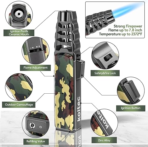 Miniatura 3 de KOLTEC Linterna de butano, encendedor de cocina resistente al viento para exteriores, recargable y ajustable, con llama de chorro de butano con