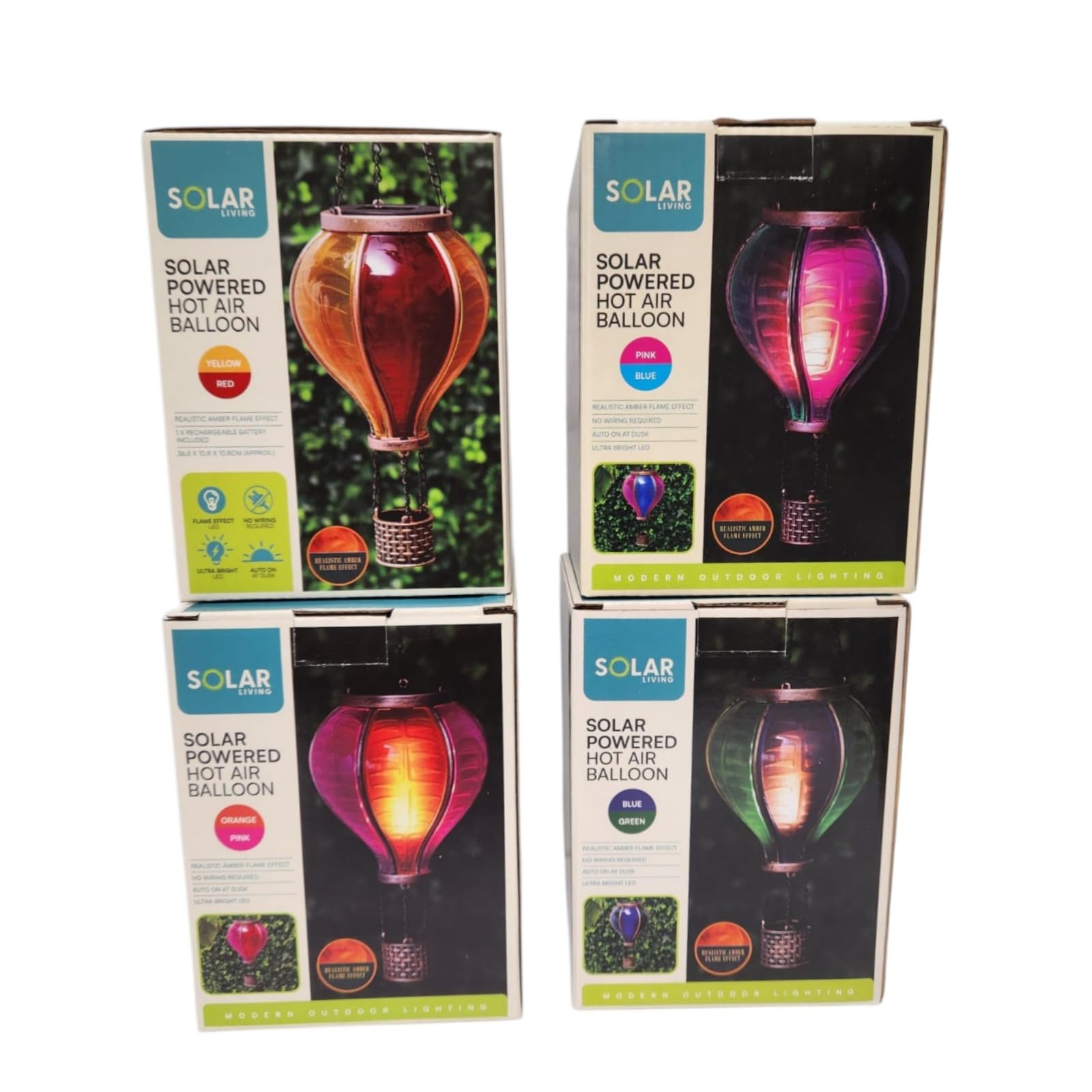 Solar Hot Air Balloon Garden Light, Hanging Outdoor Lantern, LED Flame Effect, Auto On at Dusk, Waterproof Decorative Light, Assorted Colours (Pack of 4)