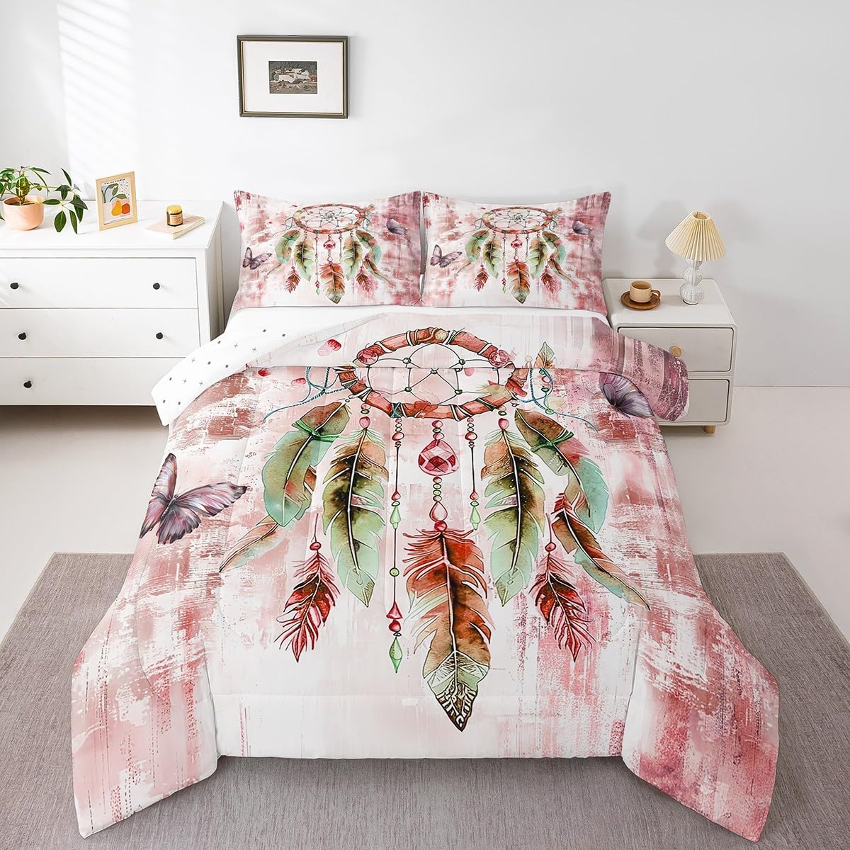 Erosebridal Bohemian Dream Catcher Queen Size Comforter Set for Girls Women Ombre Blue Bedding Set, Boho Gradient Feather Down Comforter Chic Butterfly Bed Set, Abstract Aesthetic Quilted Duvet