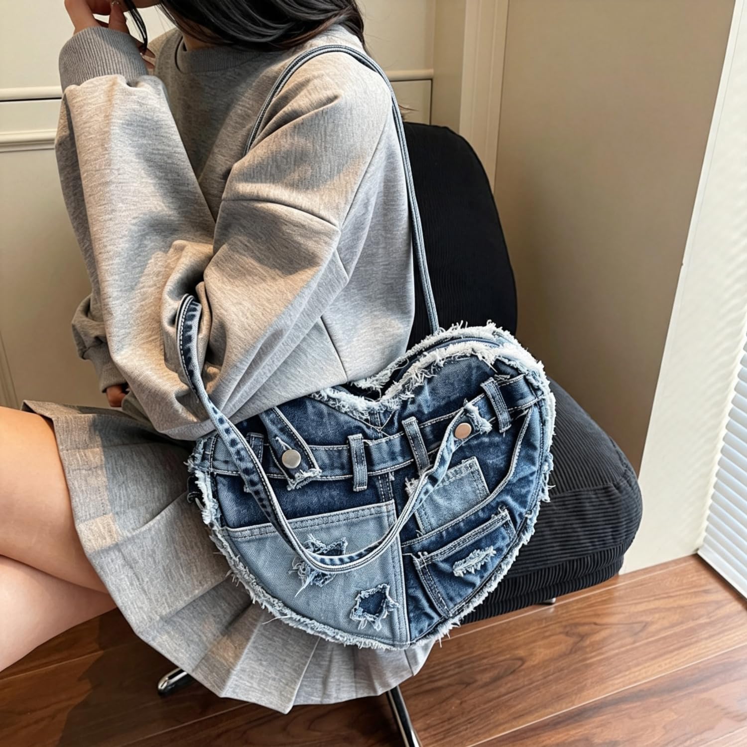 Borsa A Spalla Da Donna In Denim, Un'elegante Borsa Mano Forma Cuore Dal Sapore Rétro,Caratterizzata Design Patchwork Denim;Borsa Tracolla Stile Y2K, Perfetta Diverse Occasioni Casual