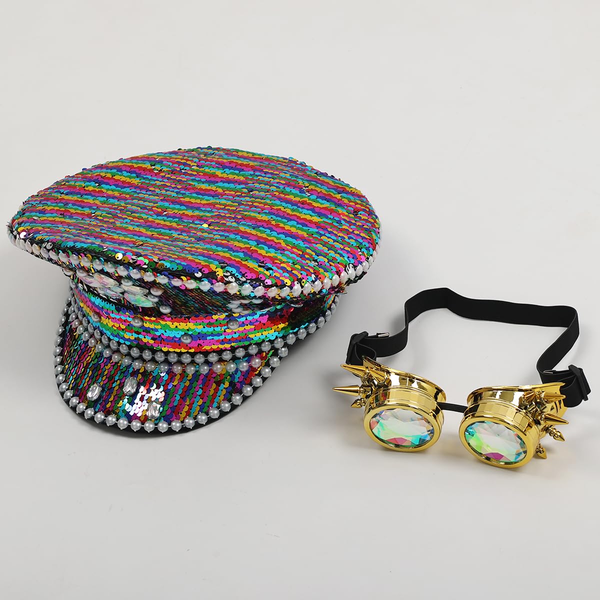 COSDREAMER Sombrero de lentejuelas para mujer, sombreros militares, con gafas