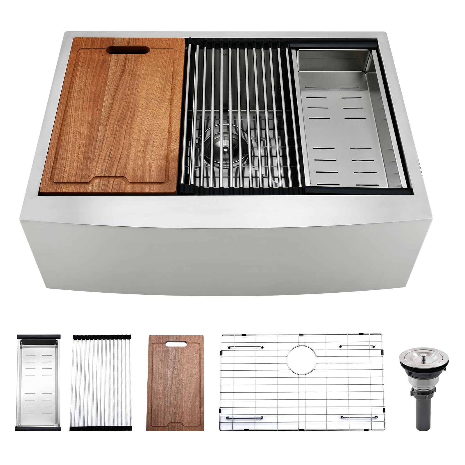 PEPO 36-Inch Farmhouse Sink Stainless Steel Kitchen Ledge Workstation  With Apron Front, Single Bowl, 16 Gauge Luxury Farm Sink