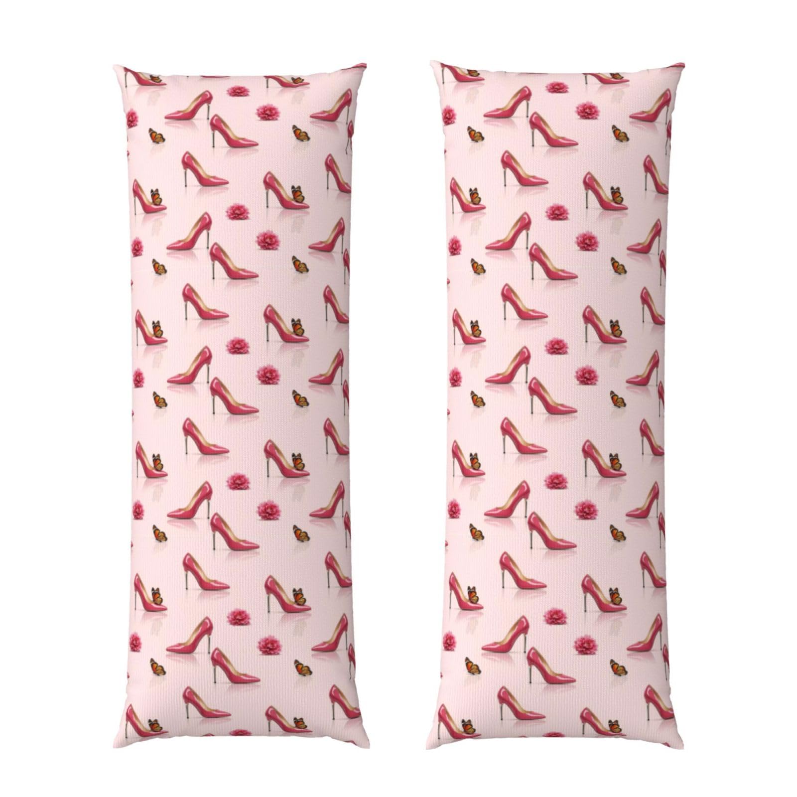 Body Pillow Cover 20x60 Inch, Elegant Pink High Heel Shoes Butterfly, Plush Velvet Long Pillowcase with Zipper, Softffy Rectangular Case for Couch Bed Hotel Decor
