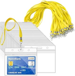 50 cordones amarillos para cuello con 50 tarjeteros, soporte para tarjetas de identificación de plástico transparente y cordón, soportes horizontales sellables impermeables con cordón para tarjetas de