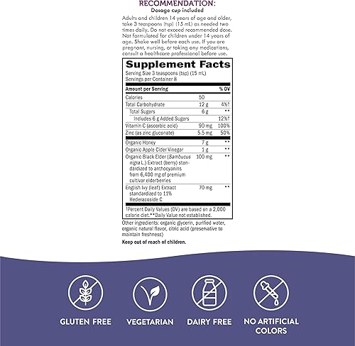 Miniatura 5 de Nature's Way Sambucus - Jarabe para la tos con extracto de saúco negro y miel orgánica, apoyo inmunológico*, 4 onzas líquidas