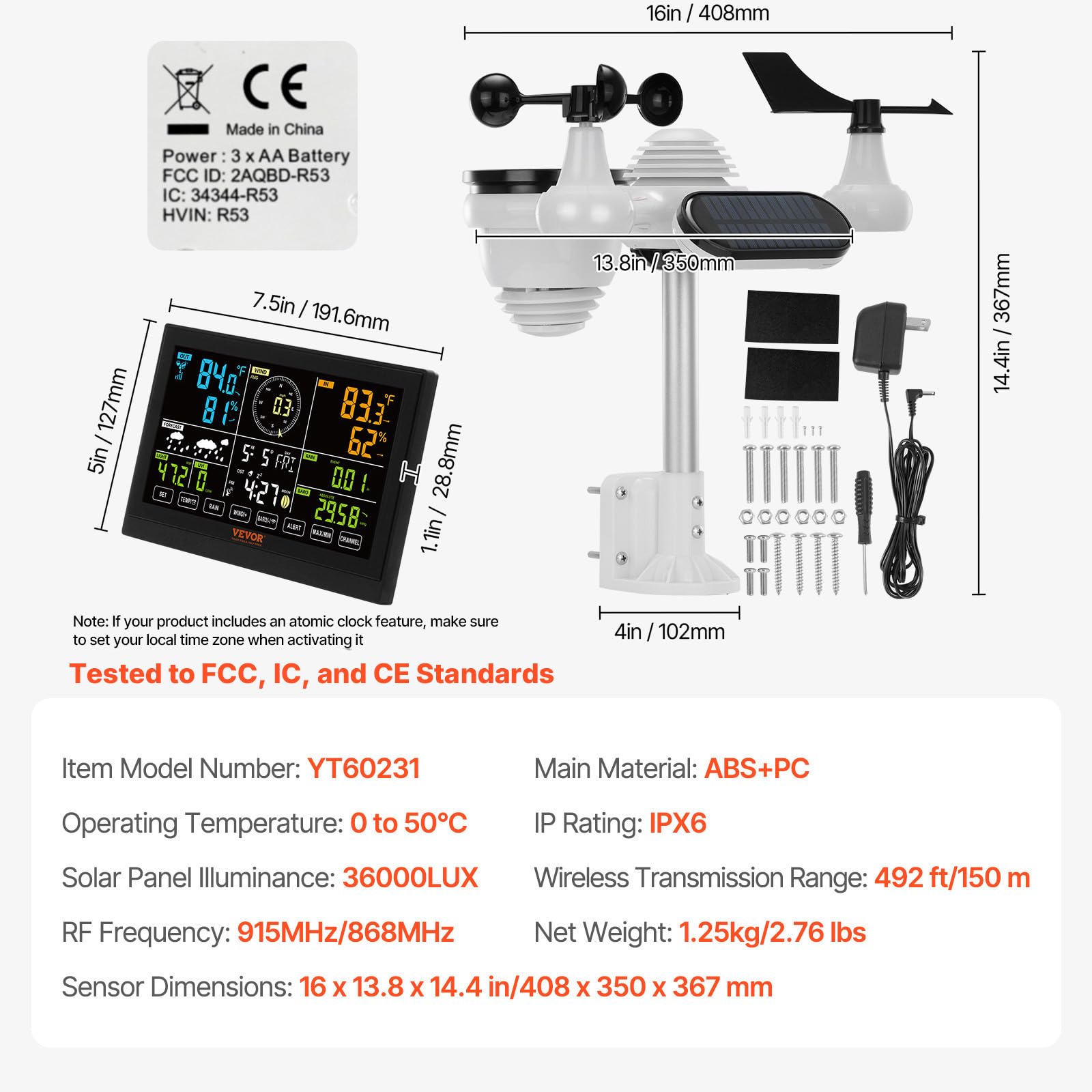 VEVOR 7-in-1 Wetterstation Funkwetterstation mit Außensensor 7,5" Farbdisplay RCC-Atomuhr Windrichtung Windgeschwindigkeit Luftdruck Temperatur Feuchtigkeit Mondphase