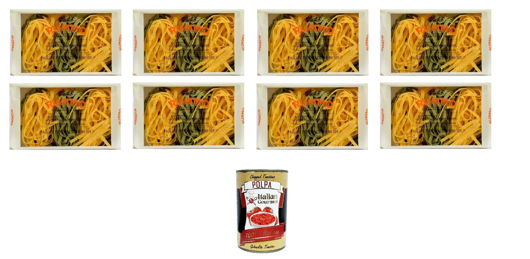8x RUMMO PASTA ALL'UOVO PAGLIA E FIENO EGG PASTA STROH UND HEU N° 105 250 GR + Italian Gourmet Polpa 400 g