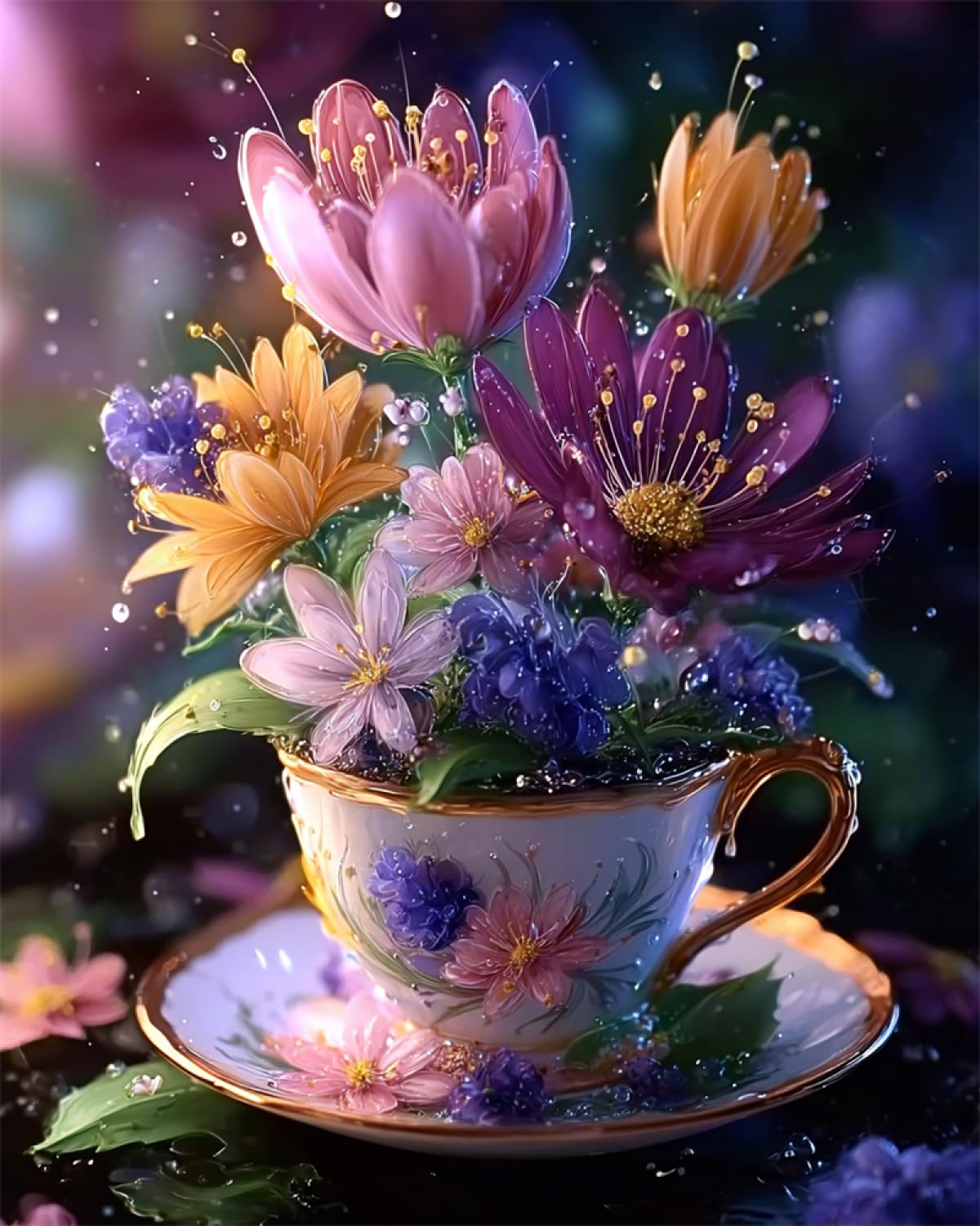 RKFLGEW Diy Perlenstickerei Set Mit Perlen Vollbild Bunte Blumen In Teetasse Kreuzstich-Set Mit Perlen, Gestempeltes Stickset Für Erwachsene, Wandkunst 30x40cm