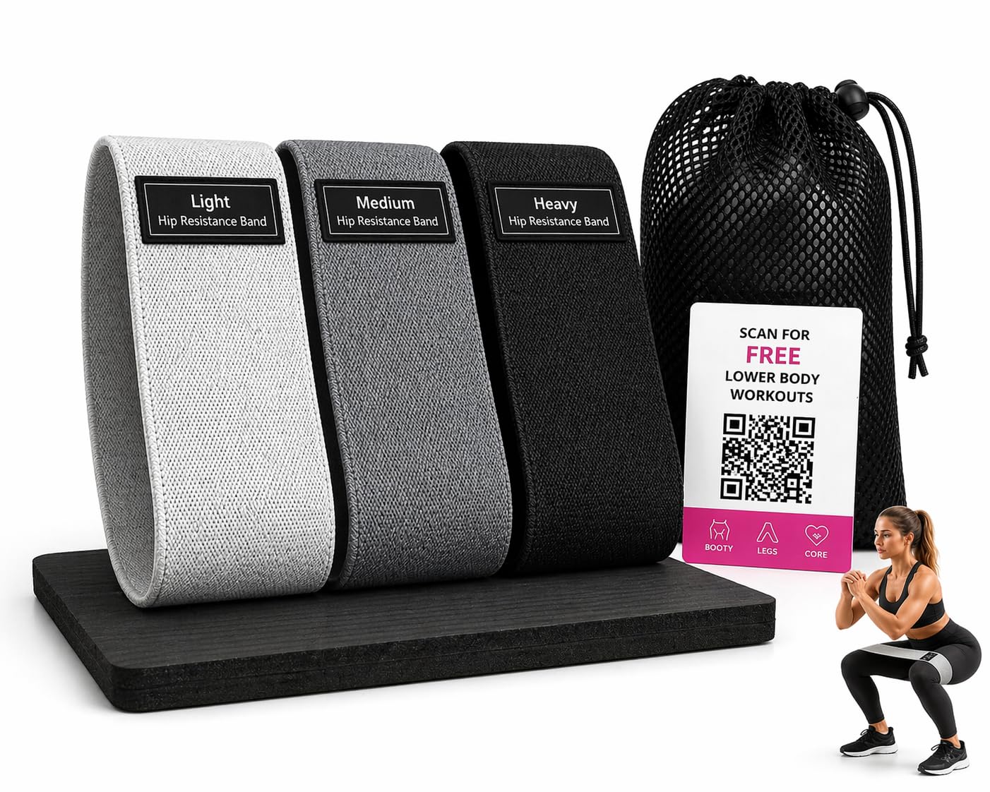 Fabric Resistance Bands Set with Knee Pad – Non Slip Booty Bands (3 Resistance Levels) for Glutes, Legs & Home Workout – Hip Exercise Bands for Fitness & Strength Training
