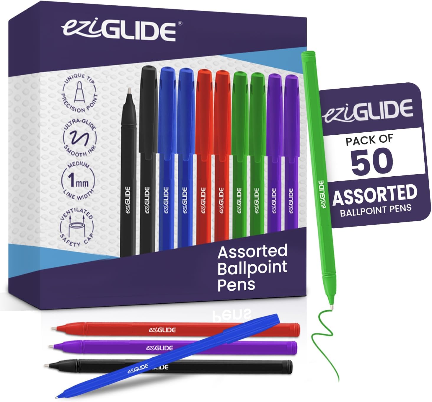 50-Pack Ballpoint Pen Set, 5 Assorted Colours – Medium Point Nib (1.0mm) for Precise Writing & Ergonomic Grip – Writing Pens for Home, Office, Teachers, Exams, Work, and Stationary Use