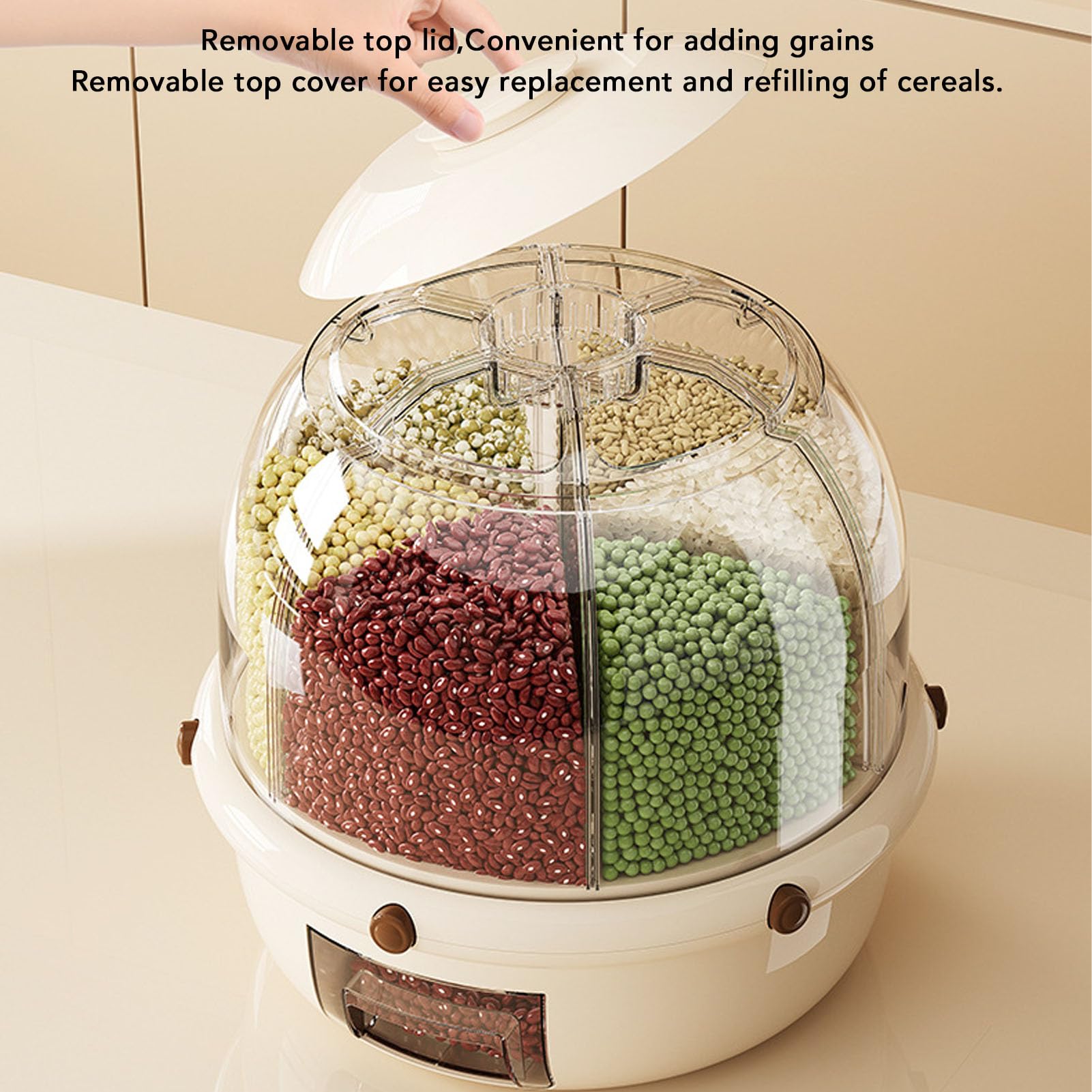 Focket Dispenser per Cereali, Dispenser per Riso a Doppio Strato con 6 Scomparti con Rotazione di 360 Gradi, per Alimenti con Uscita con un per l'organizzazione del Bancone della per la Conservazione