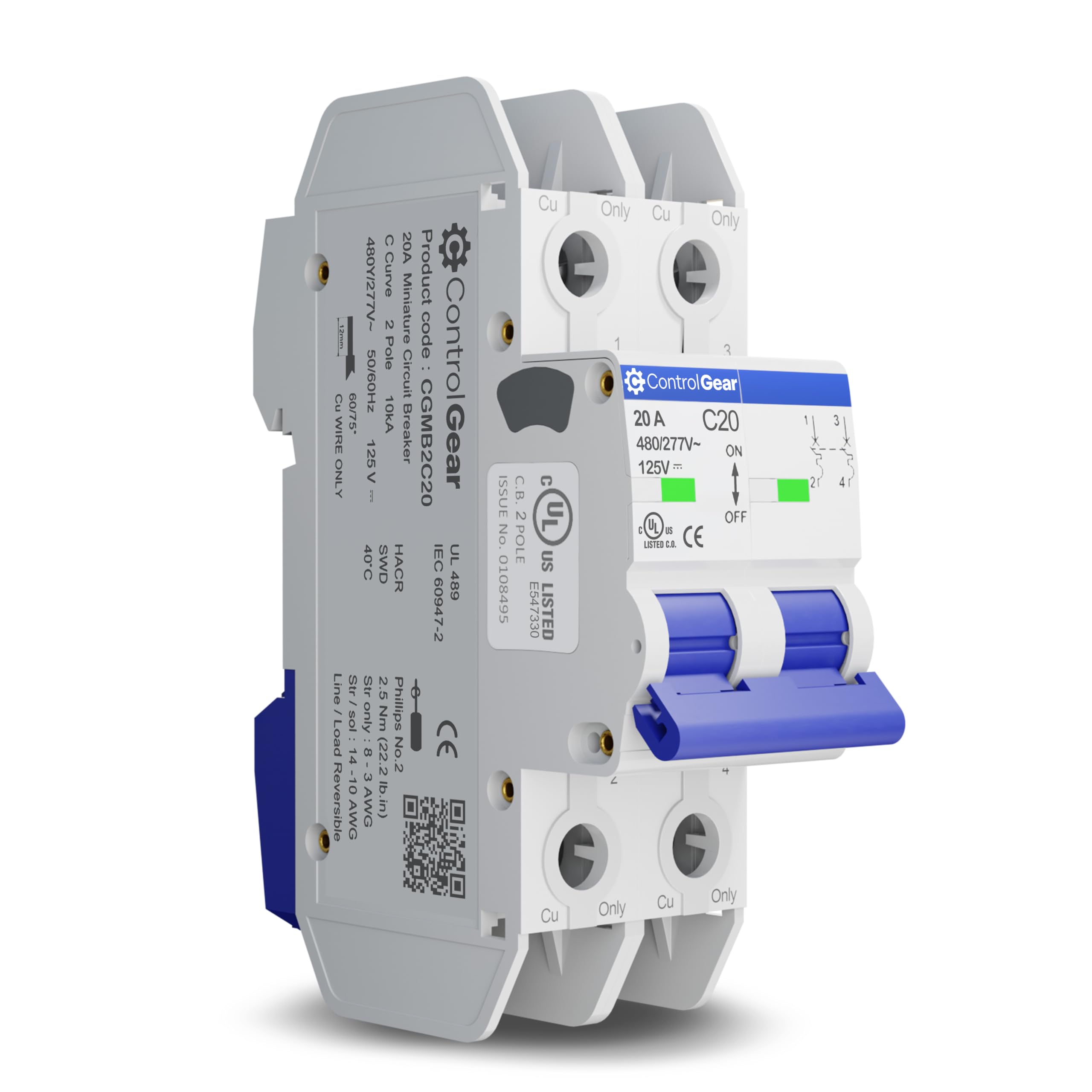 Mini Circuit Breaker UL489 Listed 20A C Curve 480Y/277VAC 125VDC 10kAIC DIN Rail Mount Non Polarized MCB Branch Circuit Protection, ControlGear