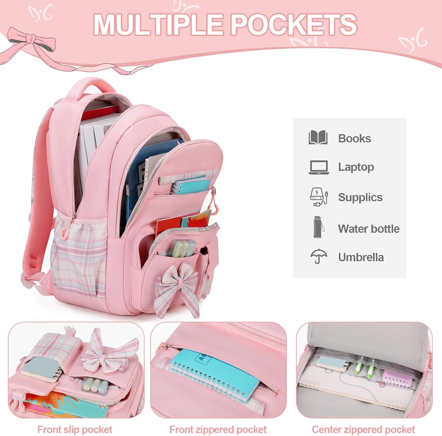 Backpack for Girls, 3PCS Girls Backpack for School with Lunch Bag Pencil Case, Cute Kids Teens Bookbag for Kindergarten Elementary Preschool Middle School - Image 3