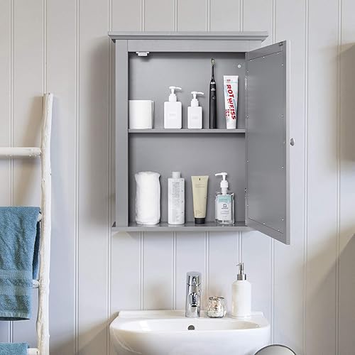 Miniatura 4 de Tangkula Armario de baño con espejo, gabinete de almacenamiento de pared con espejo con puerta única y estante ajustable en 5 posiciones, gabinete