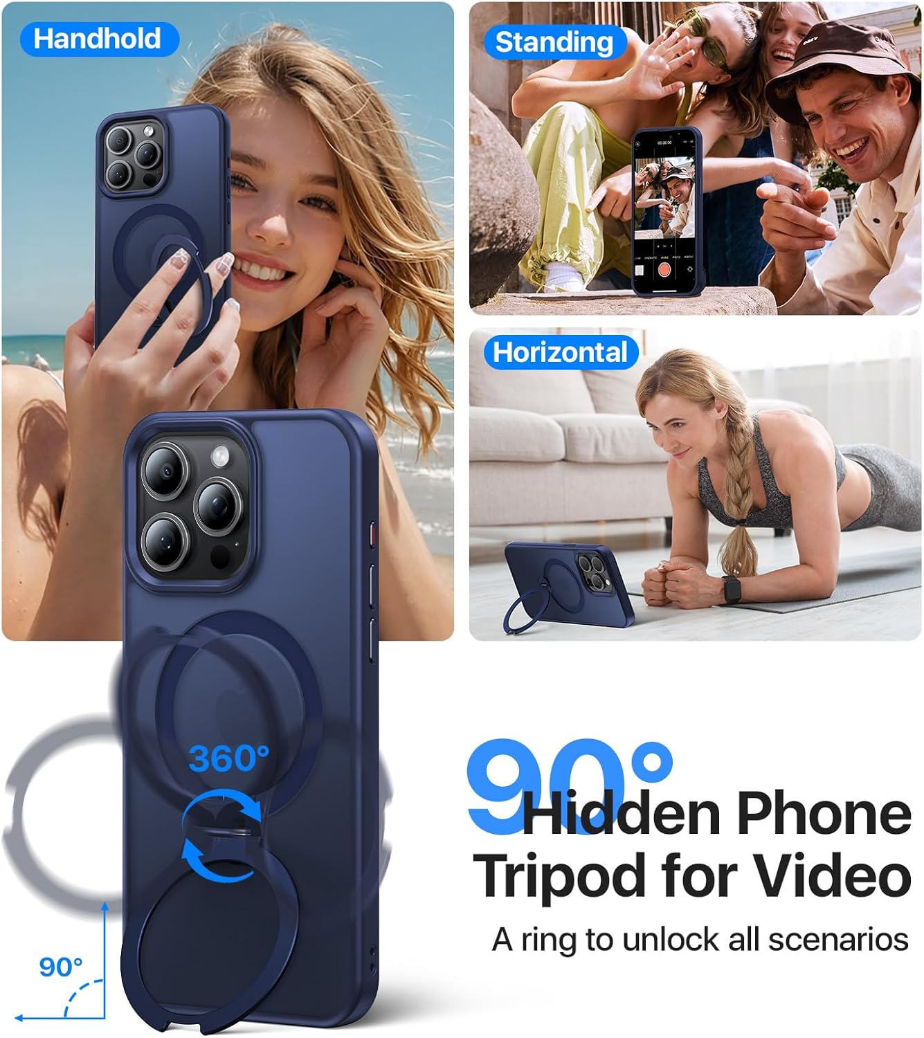360° Magnetic Stand for iPhone 15 Pro Max Case, [Compatible with MagSafe] Build-in Invisible Ring Kickstand, Shockproof Slim Translucent Matte Phone Case for iPhone 15 Promax, Blue - Image 3