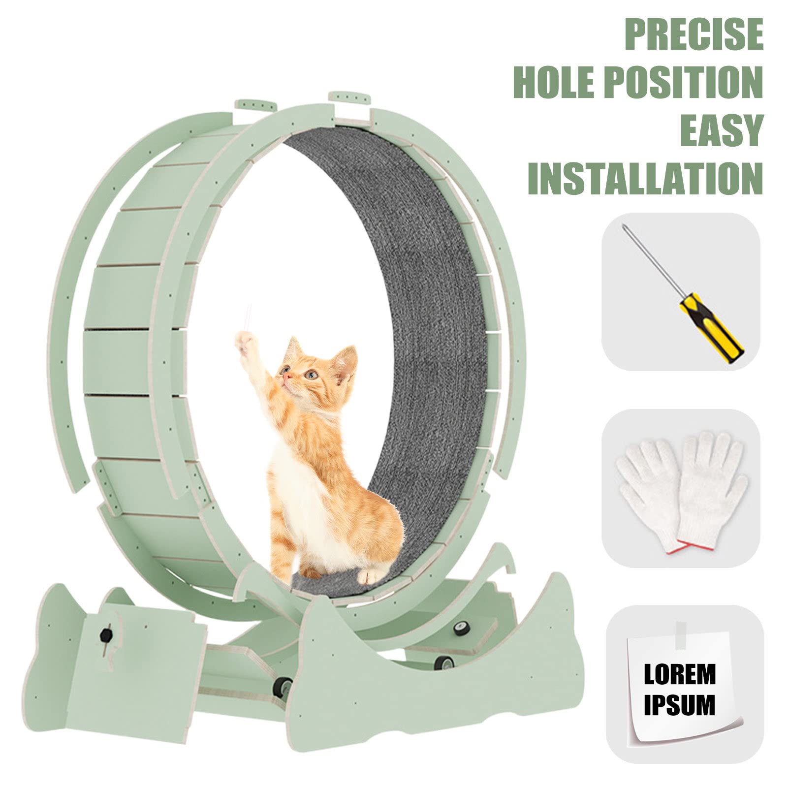 Rueda de Ejercicio Cat, Rueda de Carrera Cat de bajo Ruido con Freno de Seguridad y Pista alfombrada - Fácil de Instalar, múltiples Opciones de Color/tamaño,Green-M