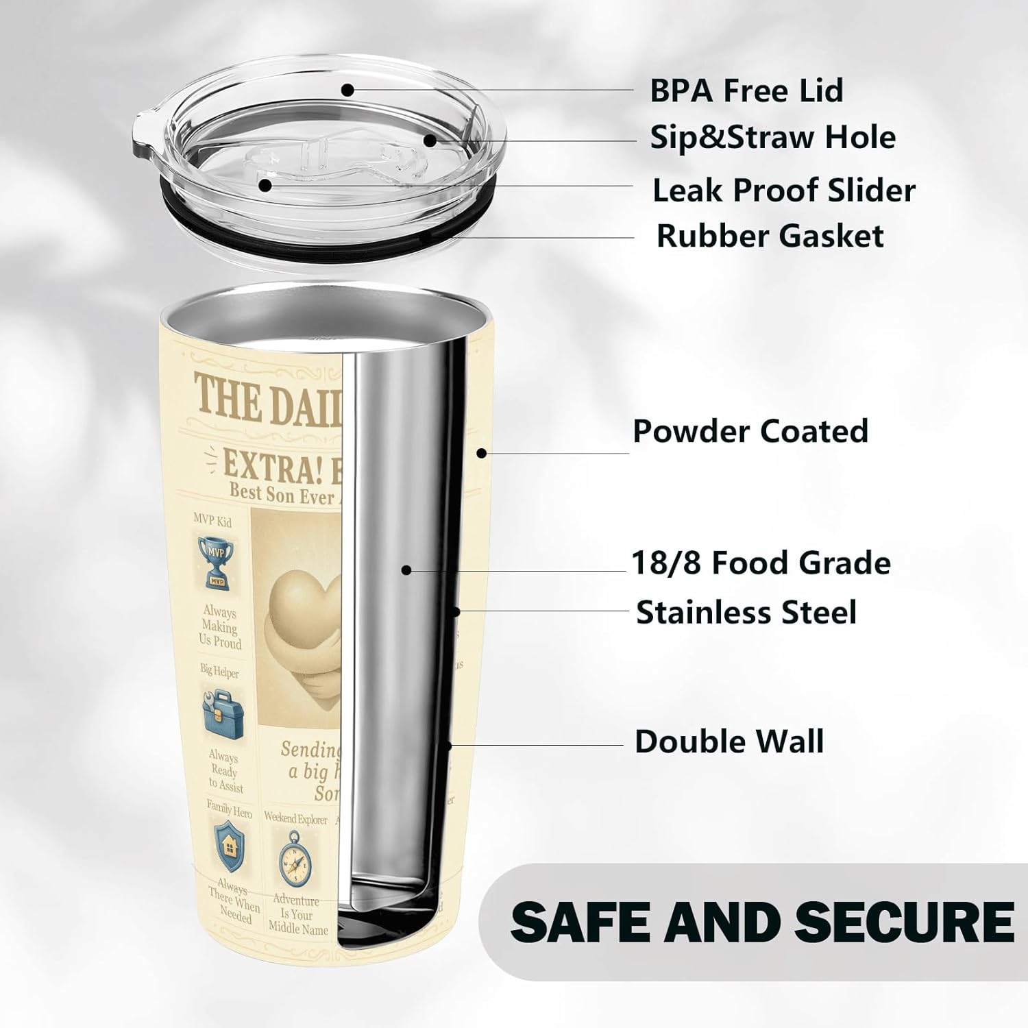 Son Gift 20oz Insulated Tumbler - To My Son Newspaper-Style, Stainless Steel Travel Mug from Mom or Dad, Birthday Graduation Christmas Encouragement - Image 5