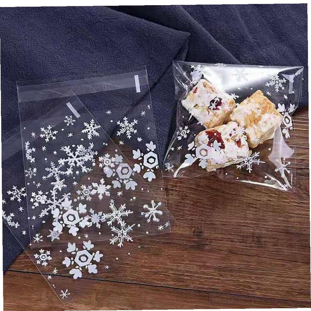 Bontannd 100Pcs/Lot 7X7cm Clear Christmas Snowflake Bag,Plastic Cellophane Self Adhesive,Bakery Gift Cello Bags