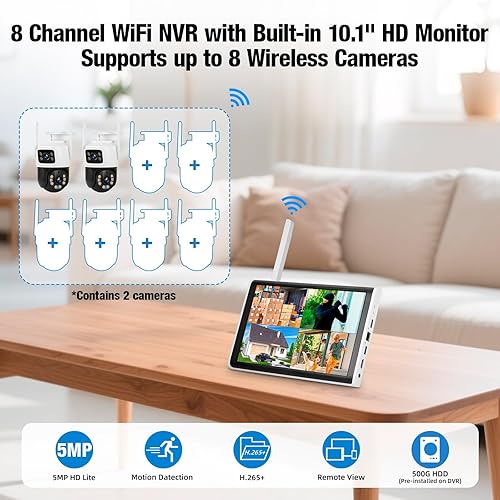 Miniatura 3 de Fuers Sistema de cámara de seguridad inalámbrica de 5 MP con monitor LCD de 10 pulgadas NVR integrado, 2 cámaras de doble lente de 6 MP 2.4G y 5G