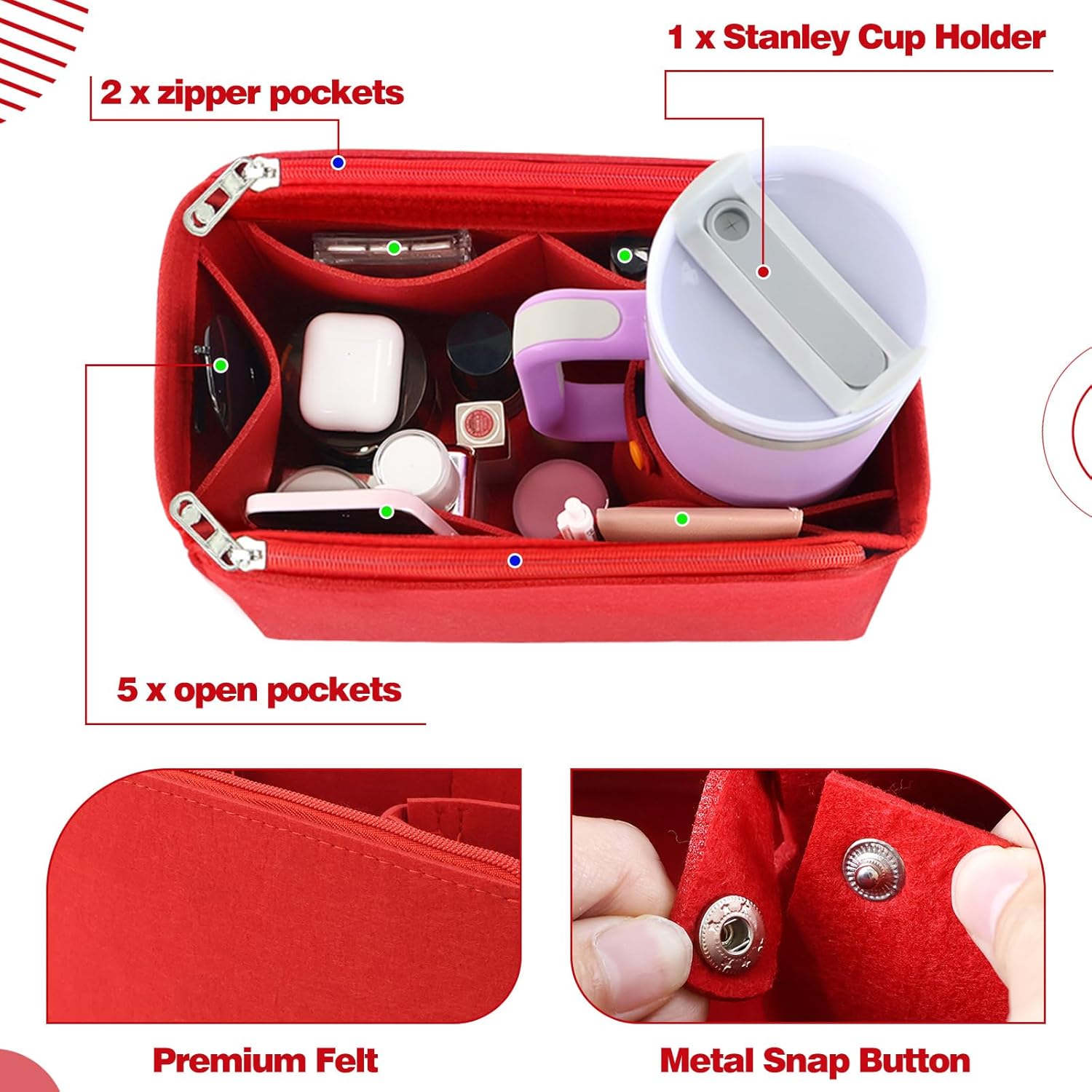 Tote Bag Purse Organizer Insert Pouches Fit for Neverful MM, Red Handbag Organizer with Water Bottle Holder Compatible with Stanley Cup, Purse Essentials Compartment Inserts Gifts for Women Large