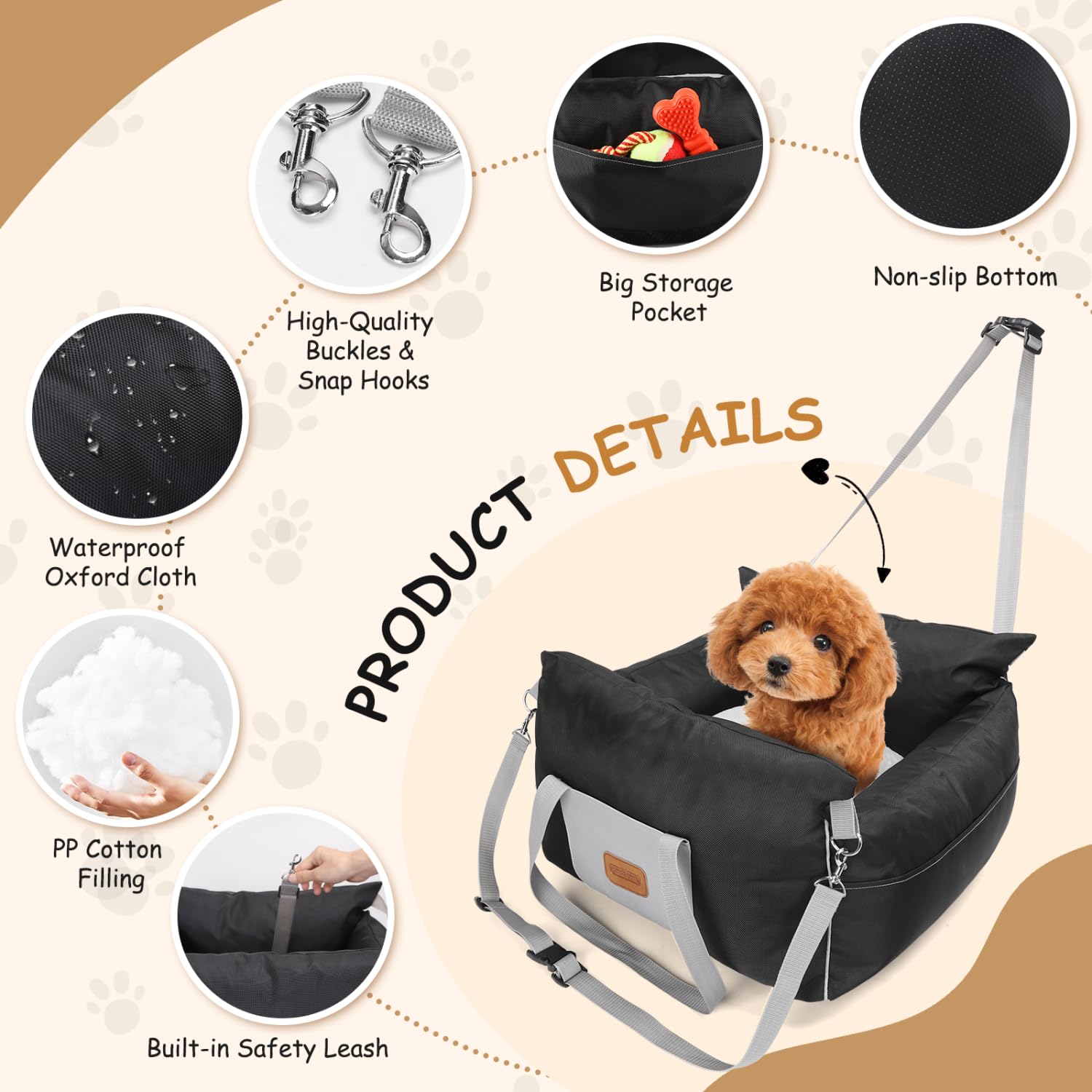 Nobleza Asiento de Coche para Perros Pequeños, Asiento Elevador para Perros con Bolsillos de Almacenamiento y Cojín Reversible, Cama de Viaje para Mascotas de hasta 11 kg, Negro, L58×W56×H33cm