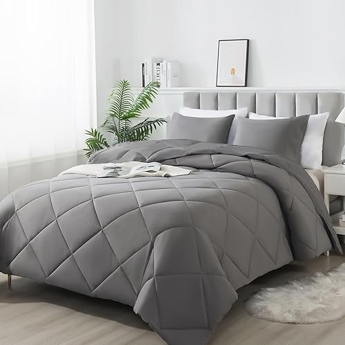 3-Piece King Comforter Set,All-Season,Soft & Hypoallergenic &Breathable Bedding,Polyester Quilted,Down Alternative(Comforter*1 & Pillowcases*2),Dark Gray