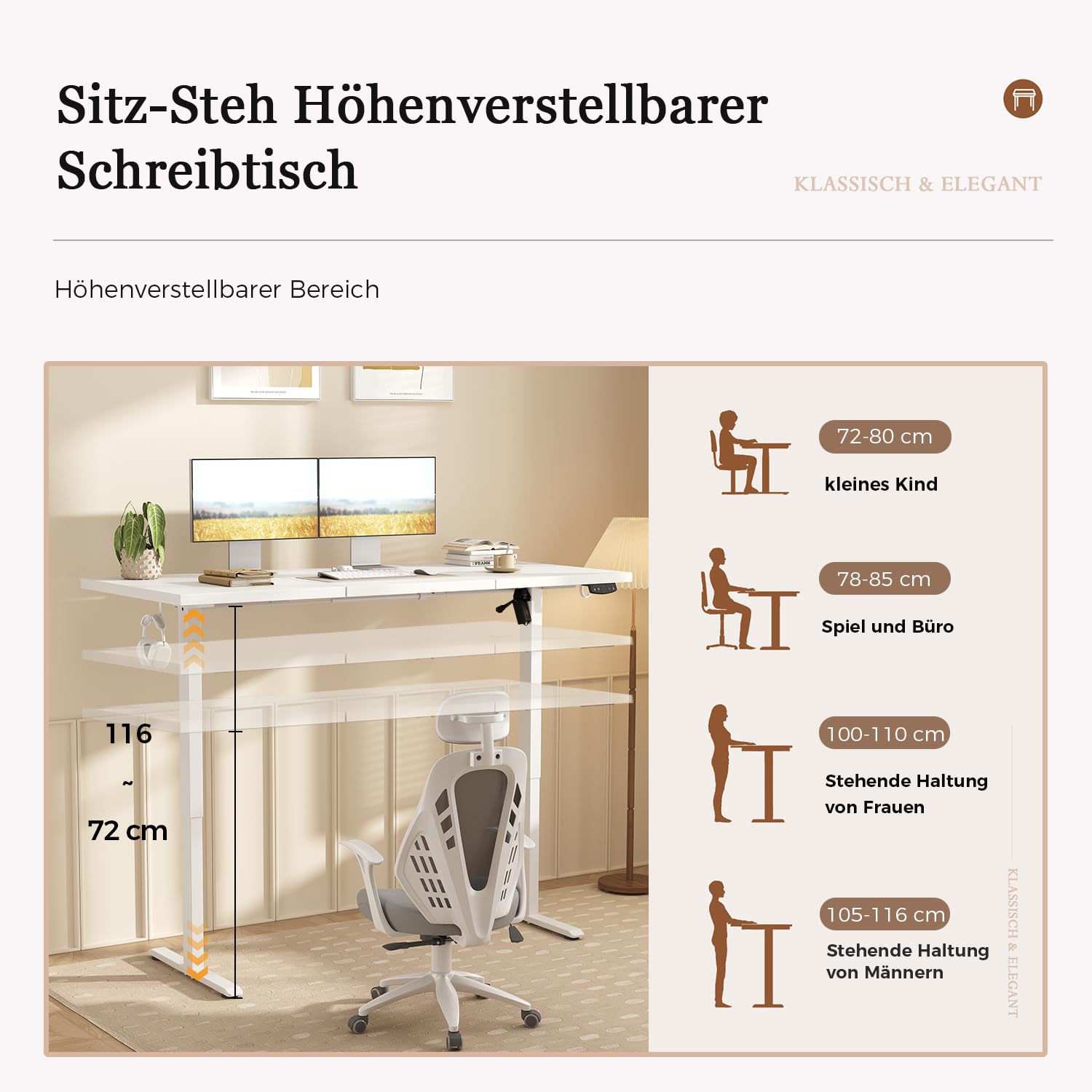 Klicelor Höhenverstellbarer Schreibtisch, Elektrischer Steh-Sitz Bürotisch, Computertisch mit 2 Memory-Funktion, Stehpult, 120 x 60 cm, Weiß