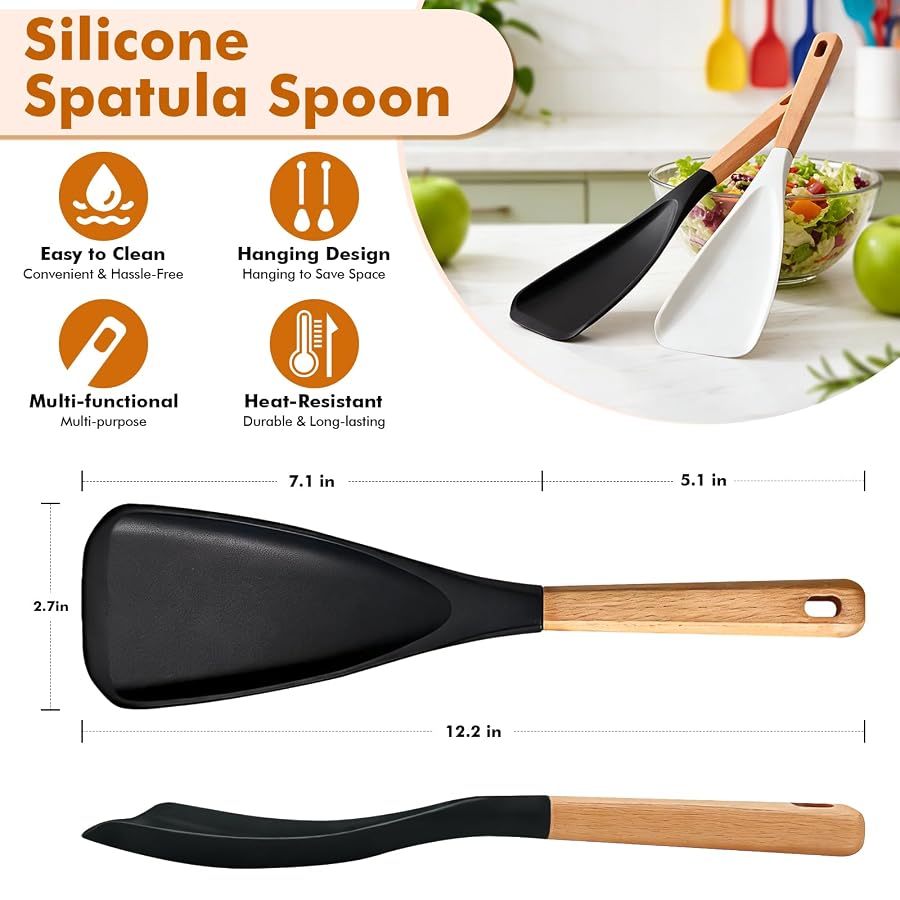 2 Pcs Silicone Spatula Cooking Spoon with Wood Handle, Great for Cooking and Serving Sturdy BPA-Free Matte Silicone for Cooking, Serving, Baking, Mixing, Stirring, Scoop, Scrape, image 2