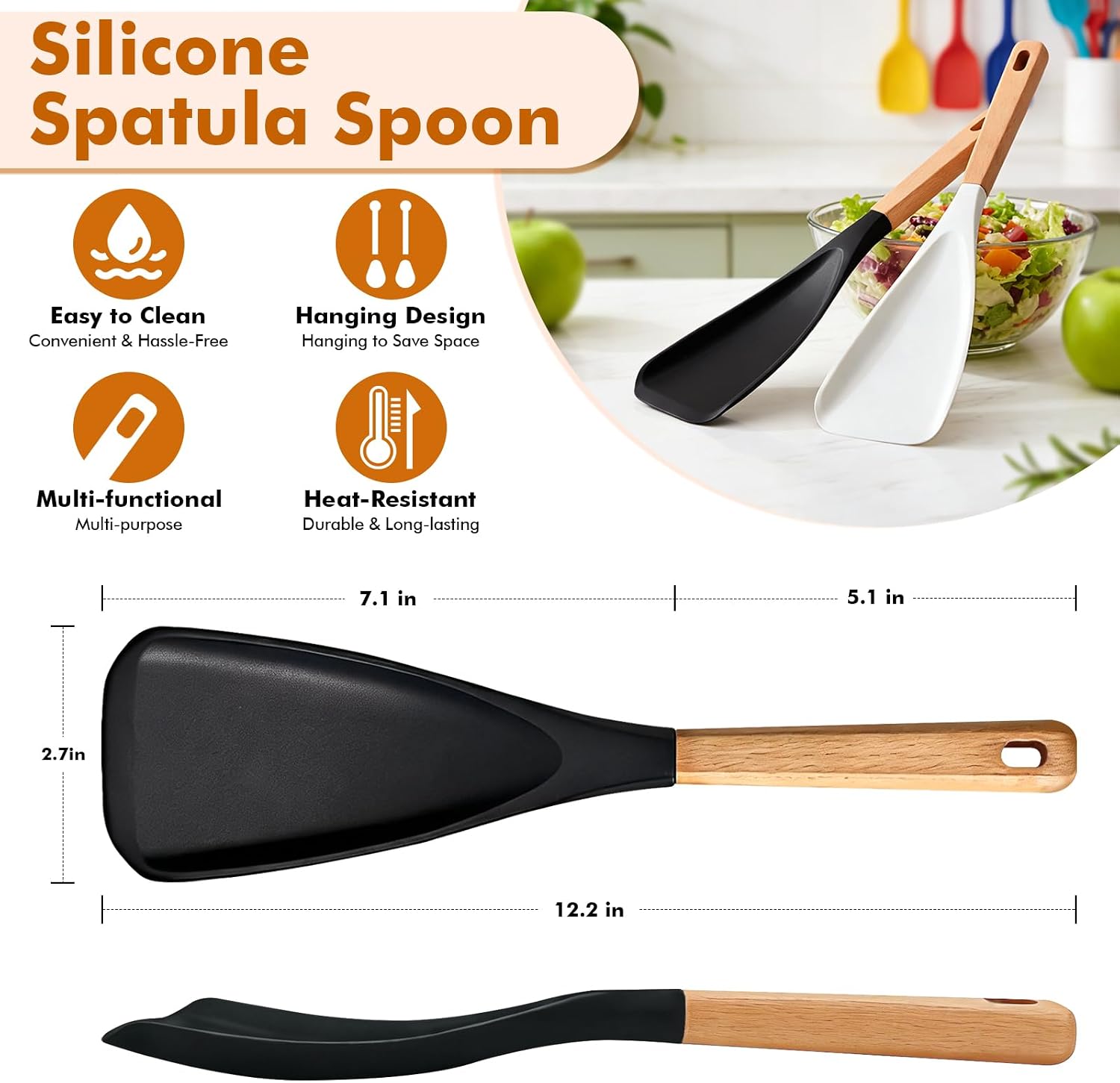 2 Pcs Silicone Spatula Cooking Spoon with Wood Handle, Great for Cooking and Serving Sturdy BPA-Free Matte Silicone for Cooking, Serving, Baking, Mixing, Stirring, Scoop, Scrape