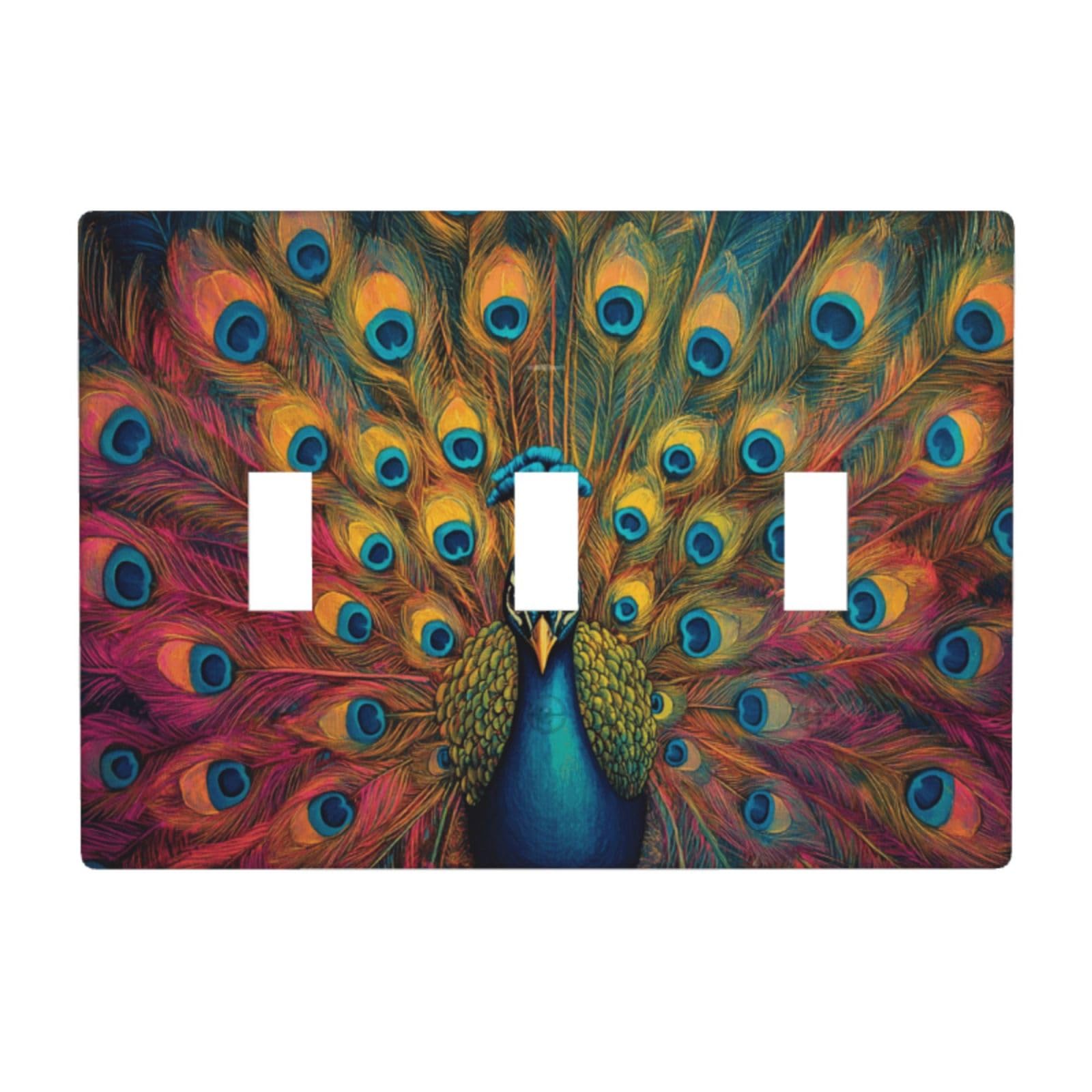 Peacock Feather Light Switch Covers 3 Gang Triple Toggle Wall Plate Switchplate Electrical Faceplate for Bathroom Kitchen Bedroom Decor