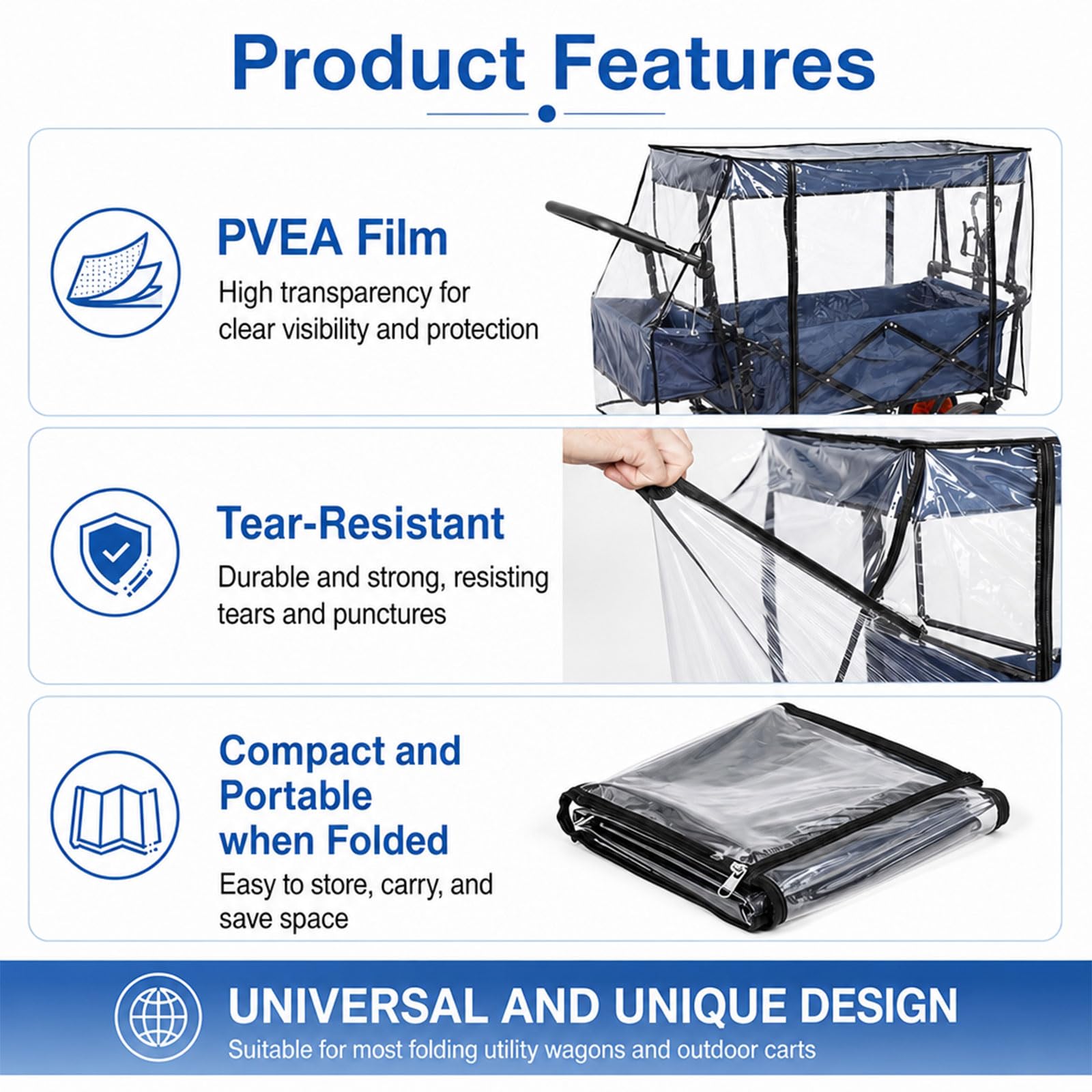 Funda de lluvia para carrito 115 x 75 x 51 cm, cubierta transparente de PEVA con cremallera y cierre autoadherente, protección contra la lluvia para carrito plegable y de transporte