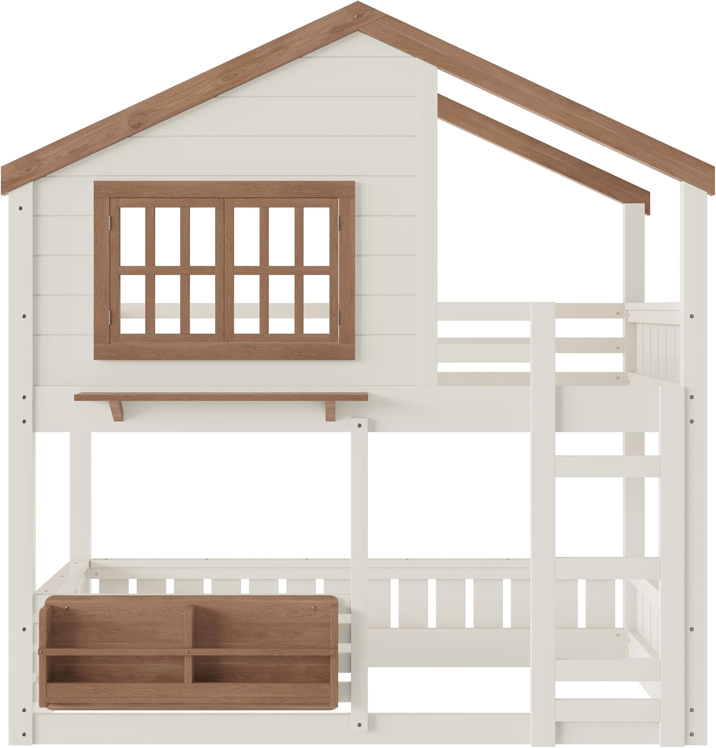 Twin House Bunk Bed Frame with Bookshelves, Wood Twin over Twin Bunk Beds with Windows, Low to Ground Bunkbed for Kids, Boys, Girls, No Box Spring Needed and Childlike Design, Beige and Nature