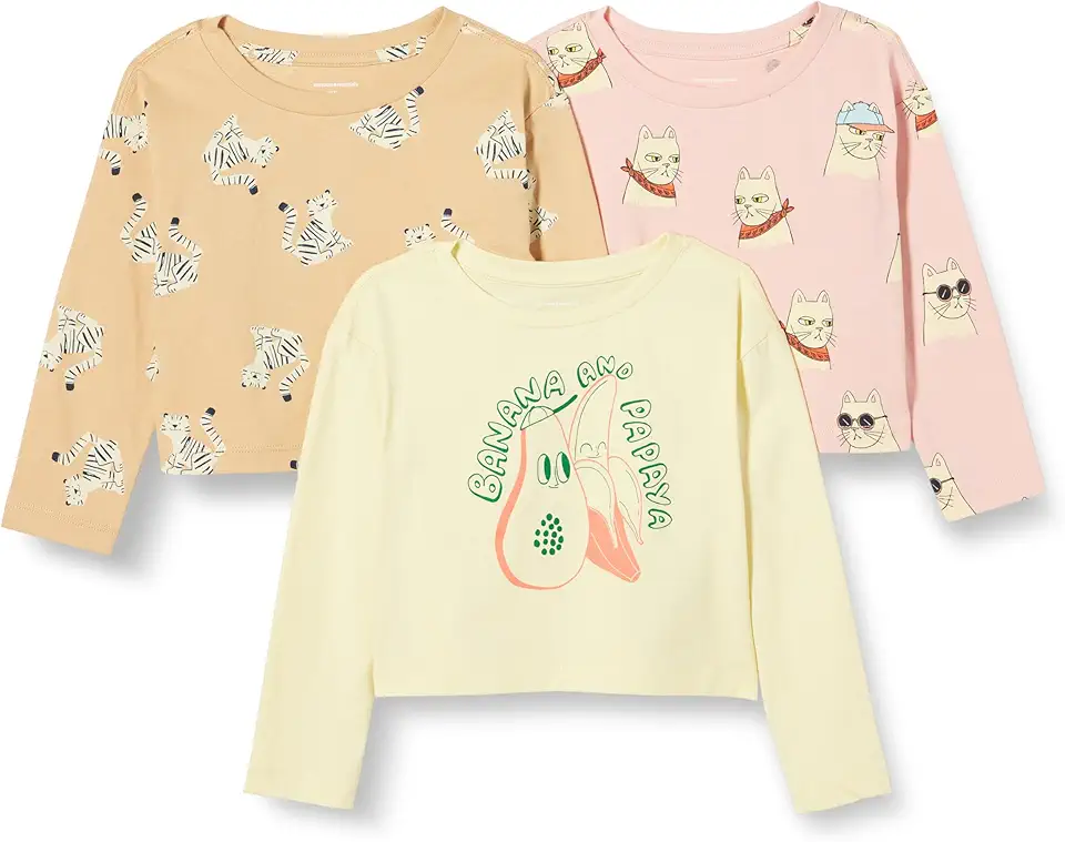 Amazon Essentials Girls and Toddlers' Long Sleeve T Shirts, Pack of 3