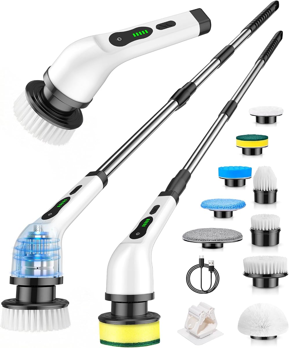 Fregadora giratoria eléctrica inalámbrica, 9 cabezales de cepillo, motor de 2 velocidades | Limpieza de pisos, fregadora de baño, fregadora de pisos de baldosas, brazo de extensión, resistencia al agua IPX7, bañera, fregadero, lechada, aspiradora en seco y húmedo