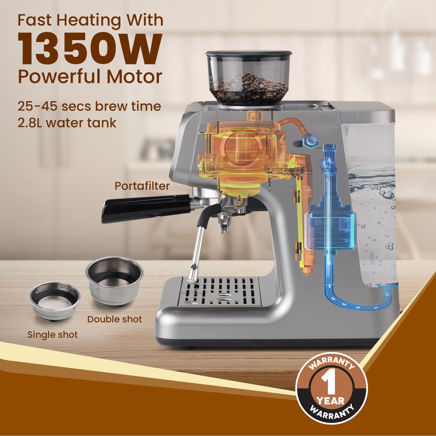 AGARO Supreme Espresso Coffee Maker With Grinder, 20 Bars Semi Automatic,  Dual Heating System, Steam Wand And Adjustable Milk Frothing, All in One