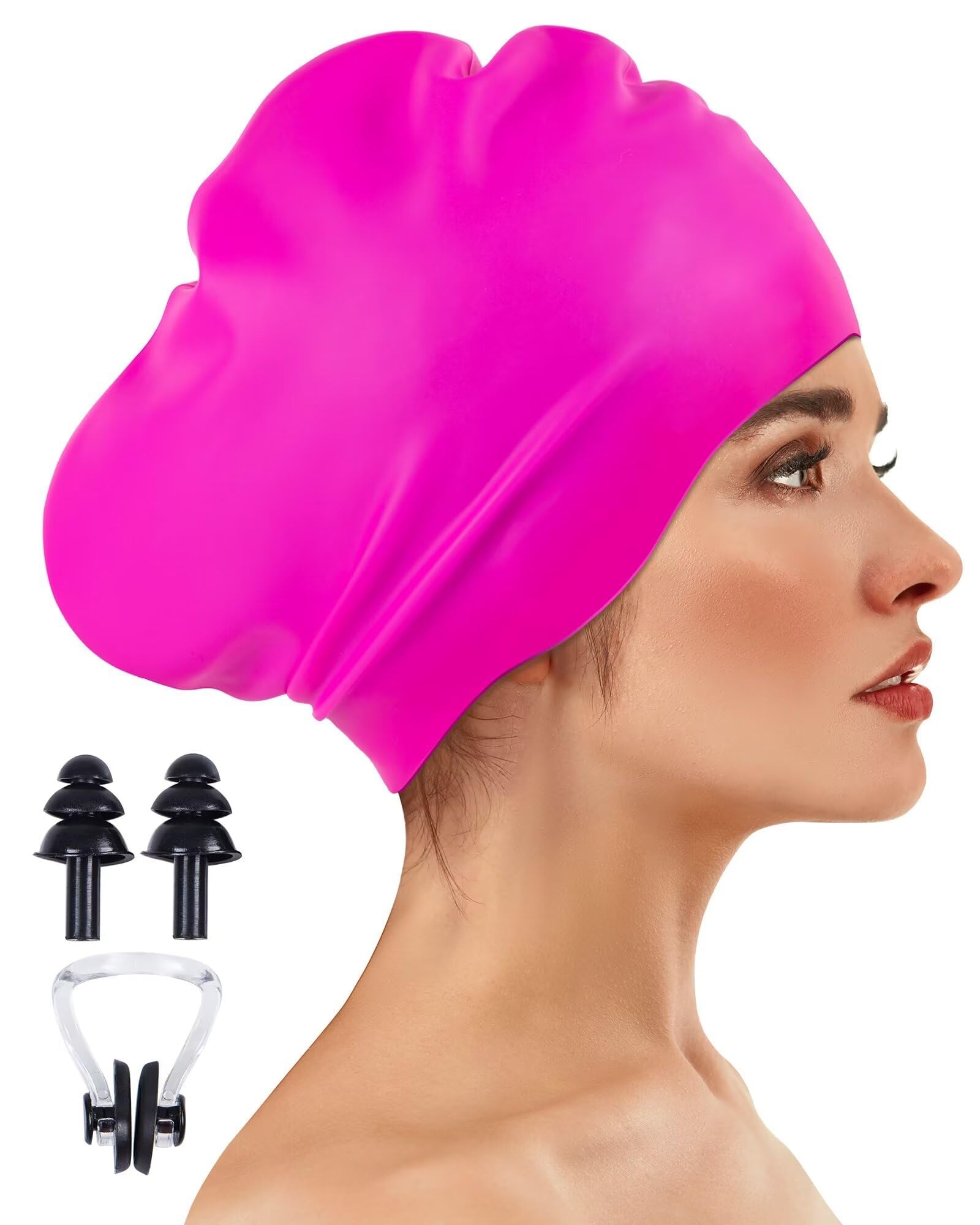 Large Long Hair Swim Cap with Extra Room for Women Men, Silicone Swimming Cap for Long Thick Hair with Ear Plugs Nose Clip Set, Adult Waterproof Swim Hats Bathing Caps to Keep Hair Dry