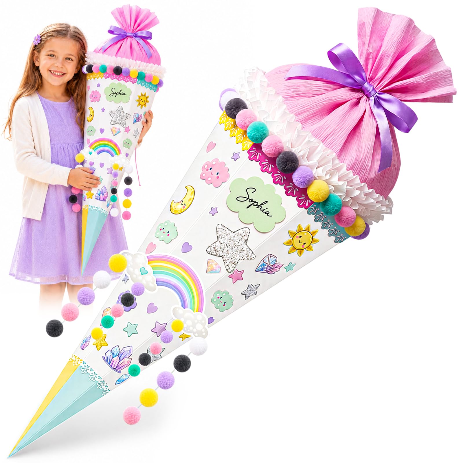 58cm Schultüte Mädchen Füllung Große Geschwister Schultüte Bastelset | Regenbogen 6-eckige Zuckertüte zum Basteln und Befüllen mit Süßigkeiten, Schulzubehör und Geschenke, 58 cm Hoch, Ø ca. 24 cm