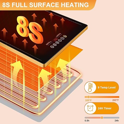 Miniatura 4 de Bandeja de calentamiento eléctrica de 39 x 14 pulgadas, bandejas de calentamiento de vidrio para fiestas de buffets con 9 niveles de temperatura y