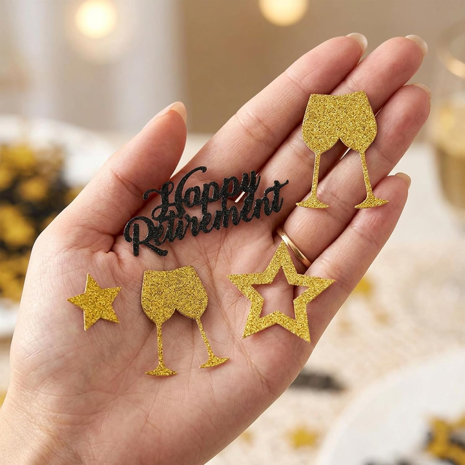 Glitter Retirement Confetti 200Pcs Black Gold, 4 Styles Laser Cut Table Decor for Retirement Party Farewell Event