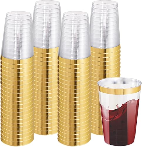 I00000 Paquete de 100 unidades de vasos de plástico dorado de 12 onzas, vasos desechables con borde dorado, vasos de vino desechables y copas de