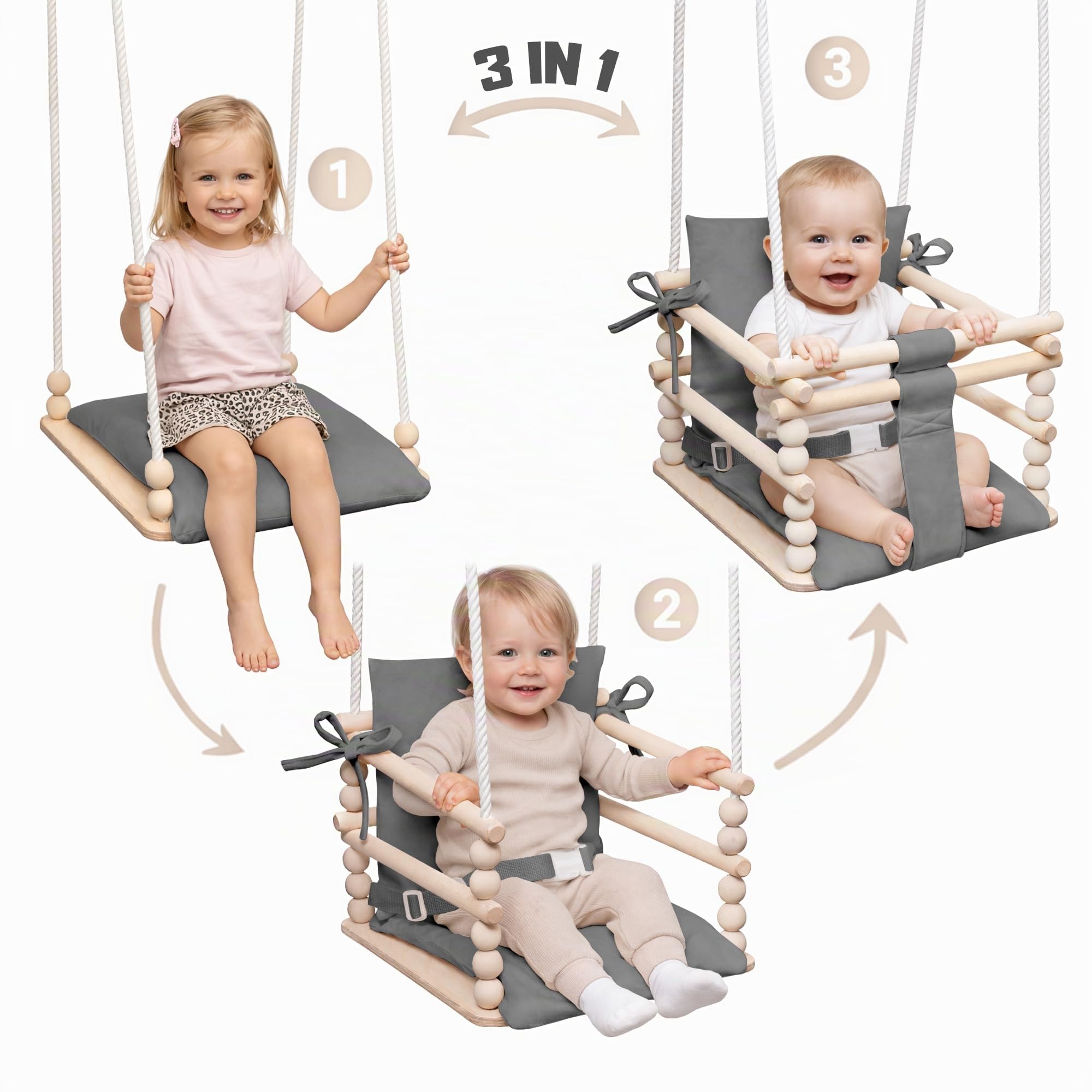 MAMOI® Babyschaukel, Schaukel Indoor, Holzschaukel für Baby und Kinder, Kinderschaukel, Schaukeln aus Holz, Kleinkinderschaukel für kinderzimmer und türrahmen, 3 in 1