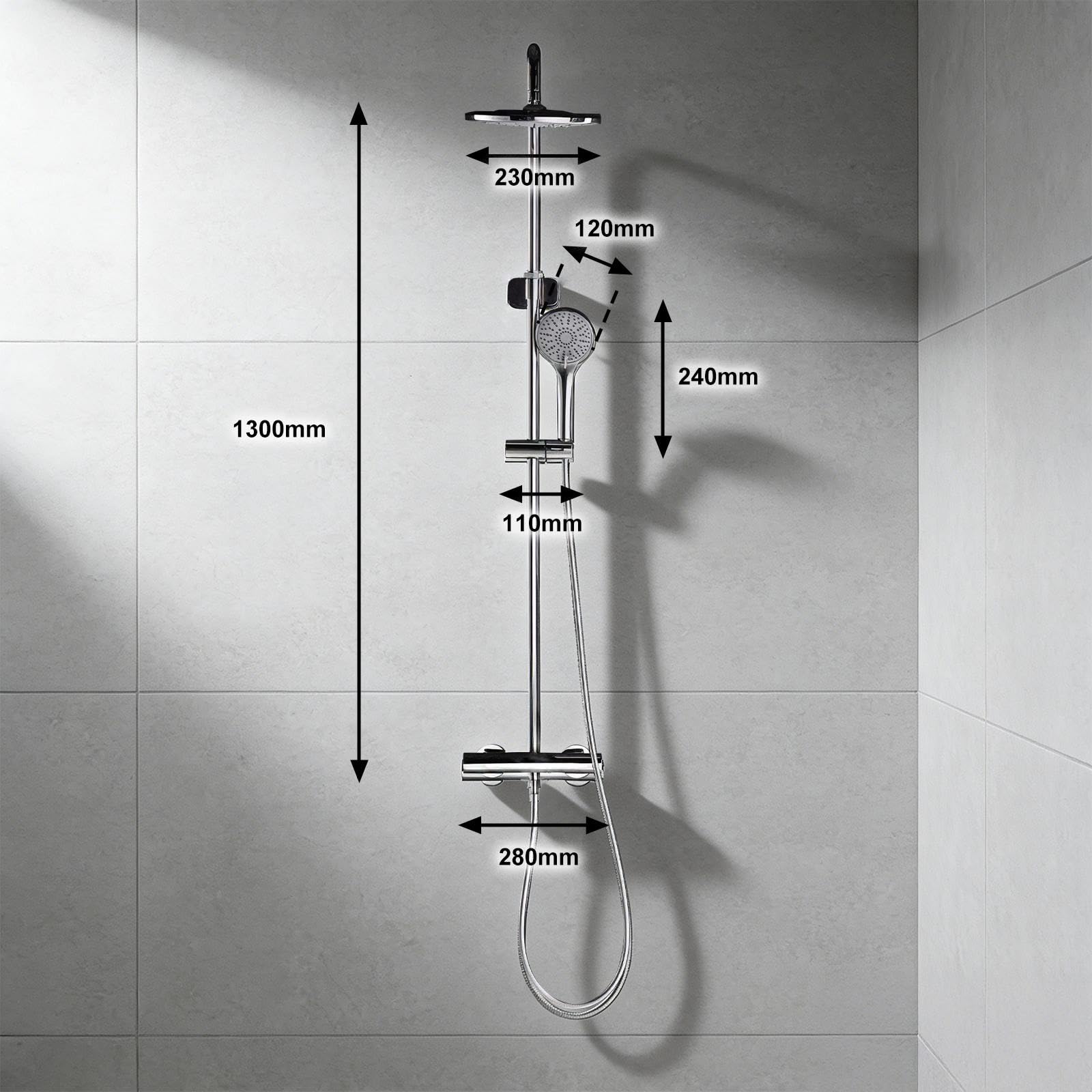 JUSTER Sistema de Ducha Termostático, Cromo, Juego Completo de Accesorios de Ducha con Cabezal de Ducha Redondo Tipo Lluvia, con Barra de Ducha Ajustable