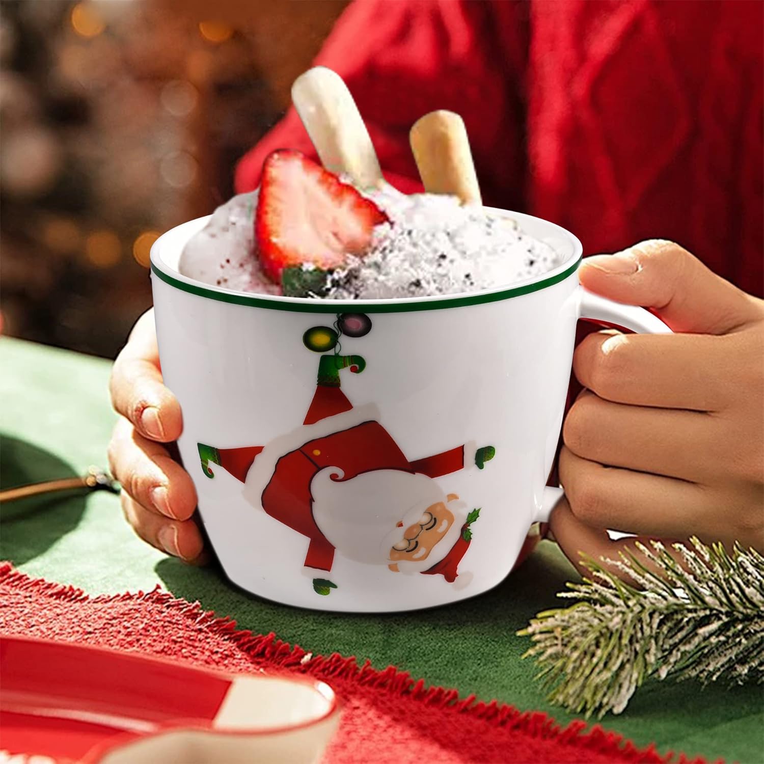 Merry Christmas Coffee Mug Huge Novelty Cup Funny Ceramic Soup Bowl with Handle, 30 oz Wide, Multi-purpose, Santa Mug for Co-workers, Friends, Holiday Decor, White Green Letters - Image 3