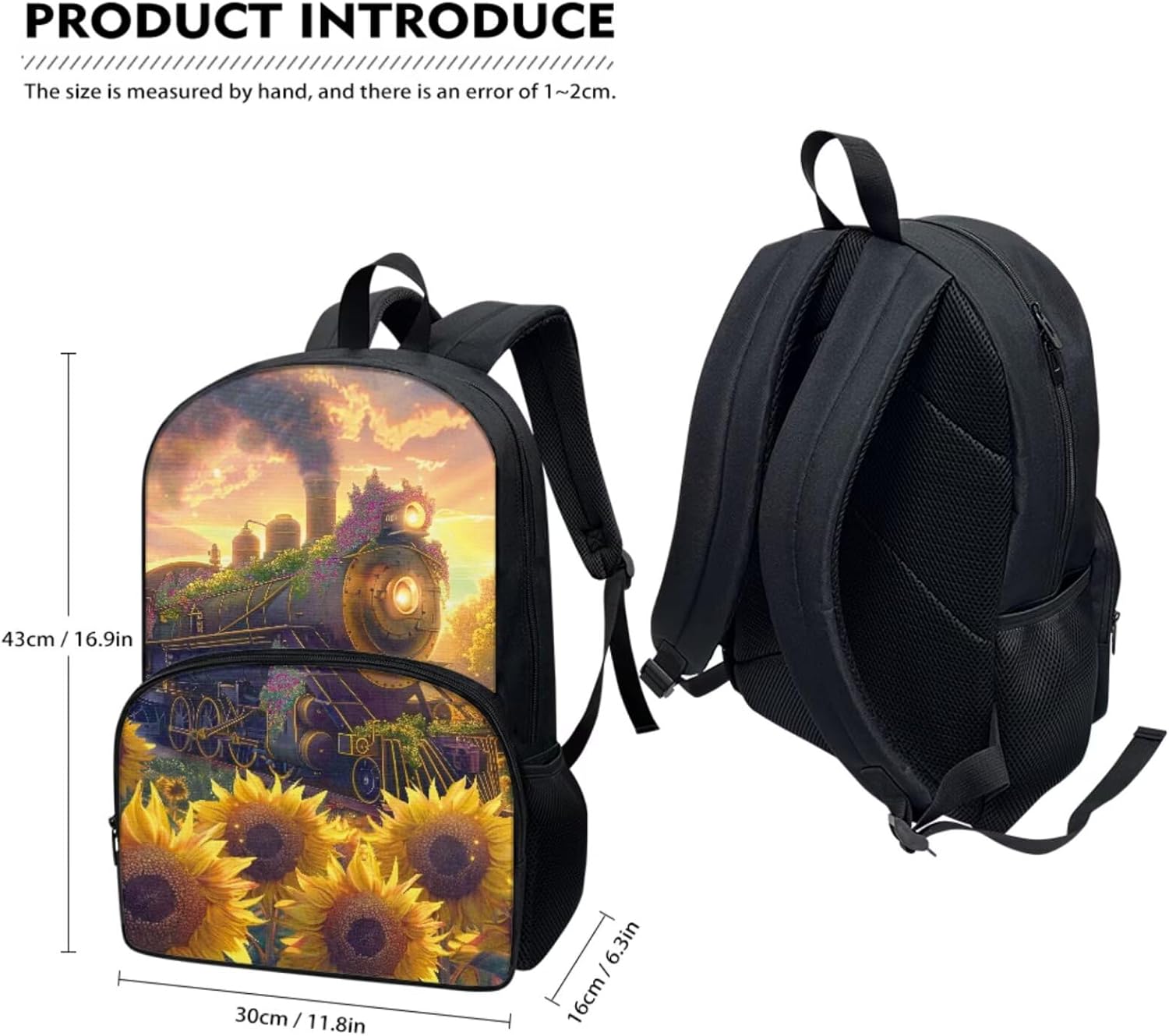 Sunflowers Steam Train School Backpack for Boys, Kids Backpack School Bookbags with Insulated Lunch Box Pencil Case 3 in 1, Lightweight School Bag
