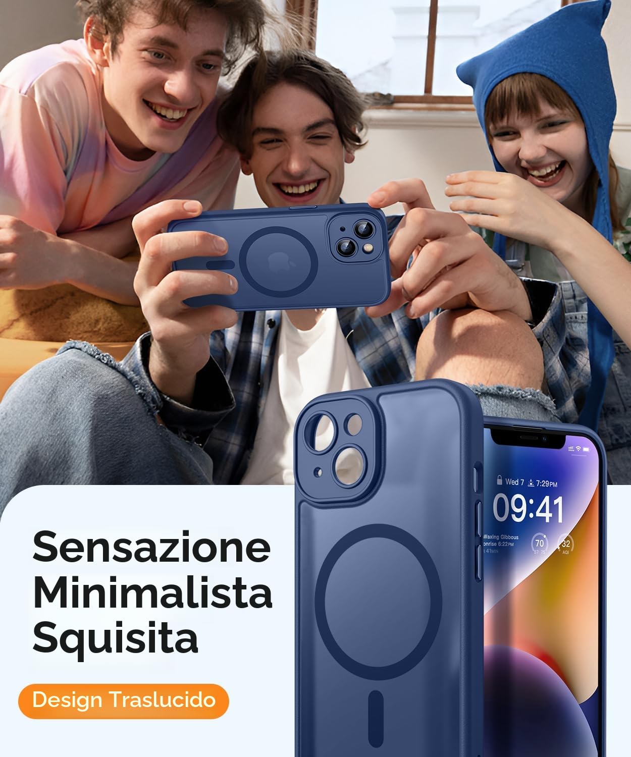 CANSHN Cover Magnetica per iPhone 14(6,1 Pollici), Compatibile con MagSafe, [Protezione Completa Della Fotocamera], Custodia Traslucida Opaca Protettiva Sottile Antiurto,Blu Profondo