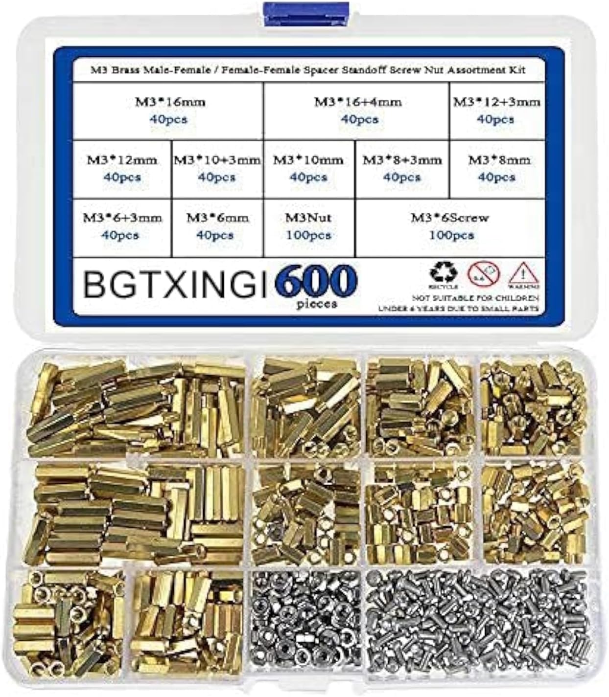 XINGYHENG 600pcs M2 M3 Brass Male-Female/Female-Female Spacer Standoff Screw Nut Assortment Kit and Stainless Steel Screw Nut Set (Brass M3)