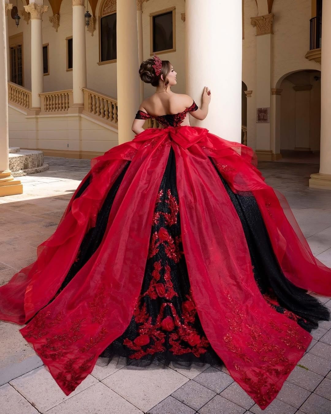 Mauuwy 2 in 1 Black Quinceanera Dresses Ball Gown Off Shoulder Vestidos de 15 años with Bow Beaded 3D Lace Sweet 16 Dresses